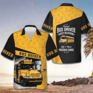 School Bus Driver Safely Delivering Hawaiian Shirt Black And Yellow Bus Driver Shirt For Men