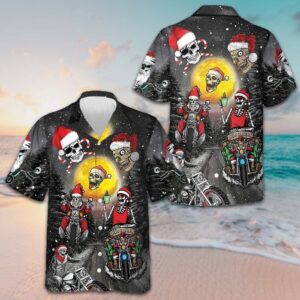 Santa Skeleton Merry Christmas Hawaiian Shirt Santa Riding Motorcycle Xmas Shirt Gifts For Men