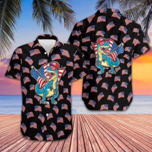 American Flag T-Rex Hawaiian Shirt Funny Dinosaur Patriotic Shirt Gifts For Son