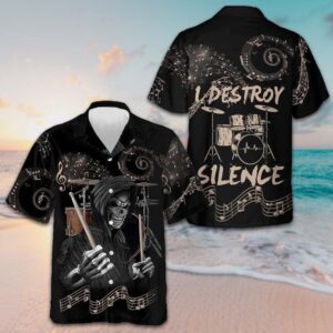 Drum I Destroy Silence Hawaiian Shirt Drum Playing Skull Shirt Best Gift For Drummers
