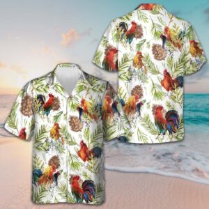 Chicken With Tropical Plants Hawaiian Shirt Chicken Lovers Button Up Vacation Shirts Men's