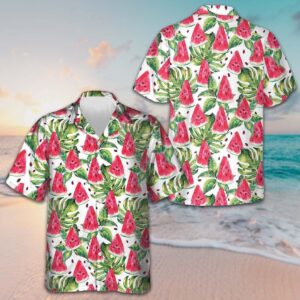 Watermelon And Tropical Leaves Hawaiian Shirt Beach Button Up Shirts Men's Present For Husband