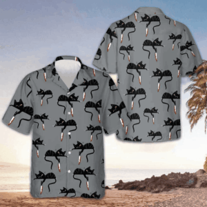 Black Cat With Knife Hawaiian Shirt Horror Button Up Shirts Gift Ideas For Cat Lovers