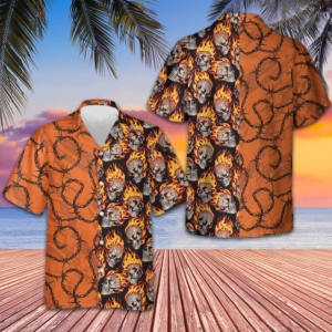 Barbwire Fire Skull Biker Motorcycle Hawaiian Shirt Short Sleeve Button Up Men Gift For Bikers