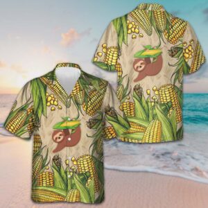 Sloth And Corn Hawaiian Shirt Beach Short Sleeve Button Up Shirt Gifts For Boyfriend
