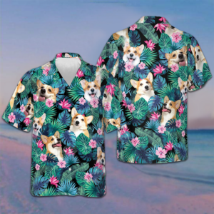 Tropical Corgi Dog Hawaiian Shirt Button Up Beach Shirts Men's Gifts For Corgi Owners