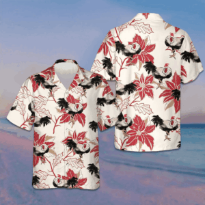 Christmas Rooster And Poinsettia Hawaiian Shirt Funny Chicken Shirt Gifts For Xmas