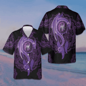 Neon Purple Dragon Mandala Hawaiian Shirt Beach Button Down Shirt Men Gifts For Hubby