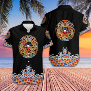 Symmetrical Chinoiserie Dragon Black Hawaiian Shirt Button Up Summer Shirts For Men