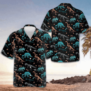 Dinosaur Skeleton Seamless Grunge Pattern Hawaiian Shirt Men's Gifts For Dinosaur Lovers