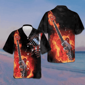 Guitar On Fire Hawaiian Shirt American Flag Button Up Shirts For Men Gifts For Guitar Lovers