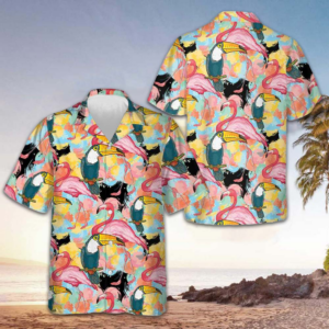 Toucans And Flamingos Exotic Floral Hawaiian Shirt Beach Button Up Shirts Men's