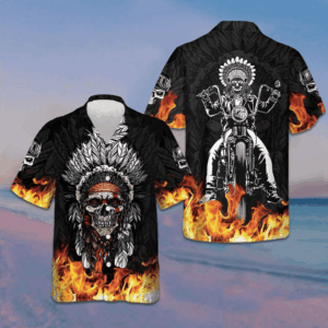 Racing Indian Skull Fire Hawaiian Shirt Flame Skull Biker Shirt Gifts For Him