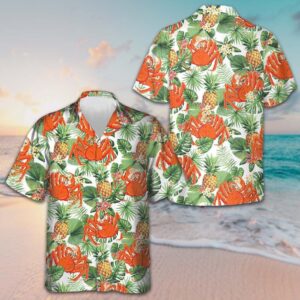 Crab And Tropical Pineapple Pattern Hawaiian Shirt Beach Short Sleeve Button Up Shirt Men's