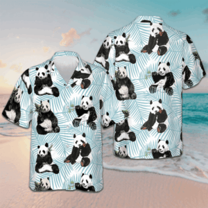Panda On Palm Leaves Hawaiian Shirt Panda Lovers Men's Beach Shirts Button Up Gift Ideas