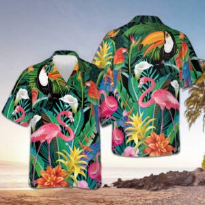 Flamingo Tropical Hawaiian Shirt Men's Beach Button Up Shirts Gifts For Family