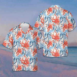 Blue And Red Octopus Seamless Pattern Hawaiian Shirt Funny Octopus Summer Button Up Shirts Men's