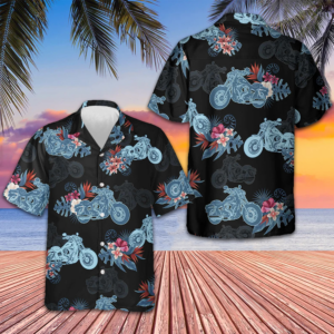 Biker Blue Tropical Flower Pattern Hawaiian Shirt Men's Gifts For Motorcycle Enthusiasts