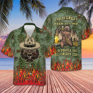 Camping Sheriff Bear Drink Beer Hawaiian Shirt God Is Great Beer Is Good And People Are Crazy