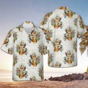 Floral Boho Tiger Hawaiian Shirt Beach Button Up Shirts For Men Gifts For Tiger Lovers