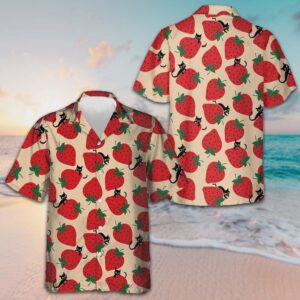 Strawberry And Cat Seamless Pattern Hawaiian Shirt Beach Button Up Shirts Men's Gift