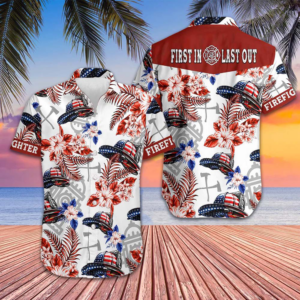 American Flag Firefighter Helmet Pattern Hawaiian Shirt First In Last Out Firefighter Shirt Men