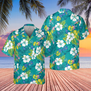 The Karate Kid Mr. Miyagi Teal Oasis Hibiscus Hawaiian Shirt