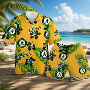 Athletics Oakland Green Leaf Hibiscus Flower Summer Hawaiian Shirt And Shorts