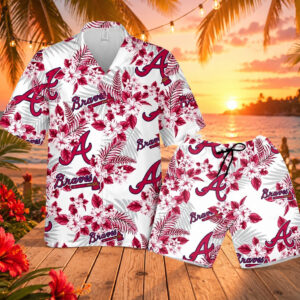 Atlanta Braves Tropical Red Hibiscus Flowers Pattern Hawaiian Shirt And Shorts