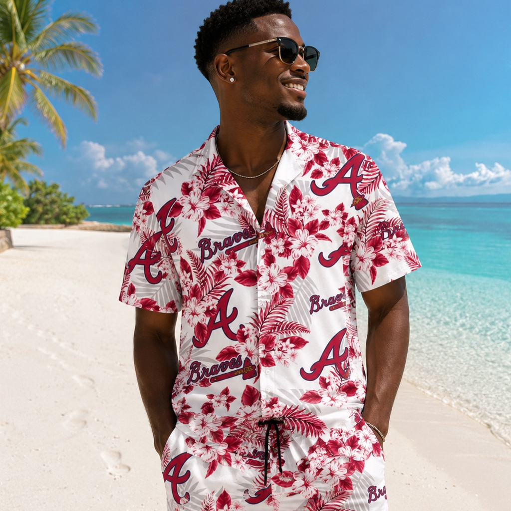 Atlanta Braves Tropical Red Hibiscus Flowers Pattern Hawaiian Shirt And Shorts 2 Atlanta Braves Tropical Red Hibiscus Flowers Pattern Hawaiian Shirt And Shorts