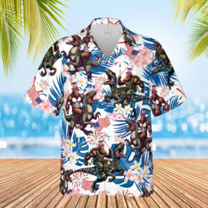 Bigfoot Riding Dinosaur Aloha Hawaiian Shirt