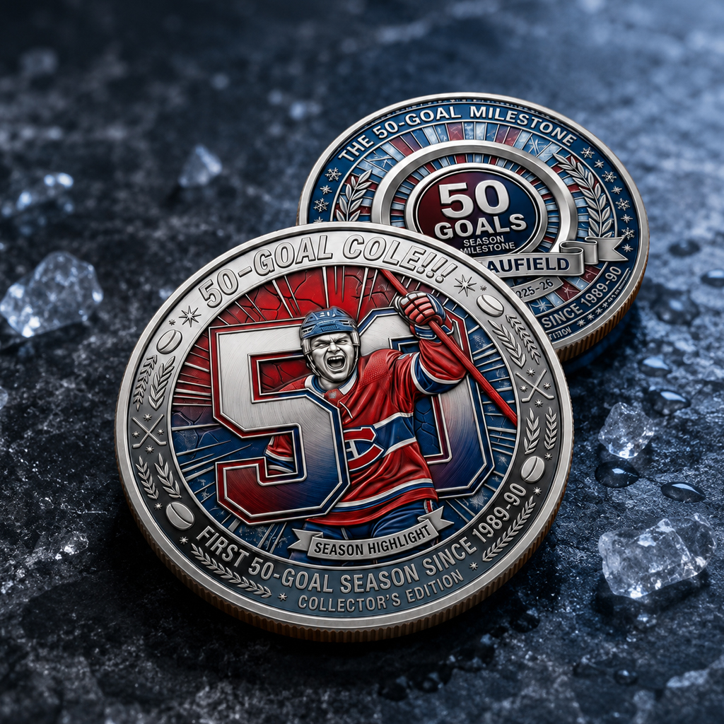 Cole Caufield 50 Goals Season Milestone Montral 2025-2026 Coin 2 Cole Caufield 50 Goals Season Milestone Montral 2025-2026 Coin1