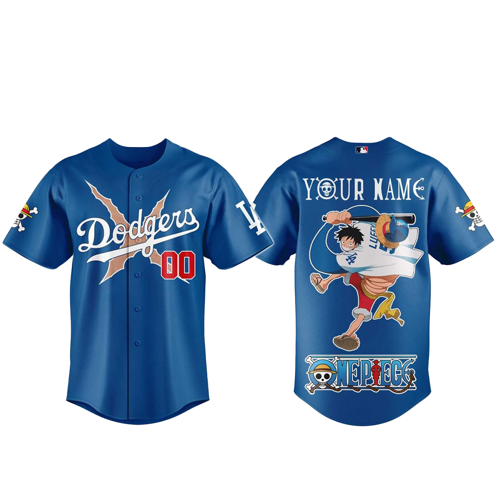 Custom Name And Number Los Angeles Dodgers x One Piece Night 2026 Luffy Scar Blue Baseball Jersey for Anime and Baseball Fans 1 Custom Name And Number Los Angeles Dodgers x One Piece Night 2026 Luffy Scar Blue Baseball Jersey for Anime and Baseball Fans