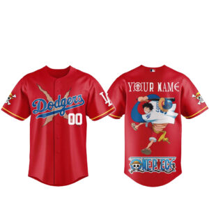 Custom Name And Number Los Angeles Dodgers x One Piece Night 2026 Luffy Scar Red Baseball Jersey for Anime and Baseball Fans