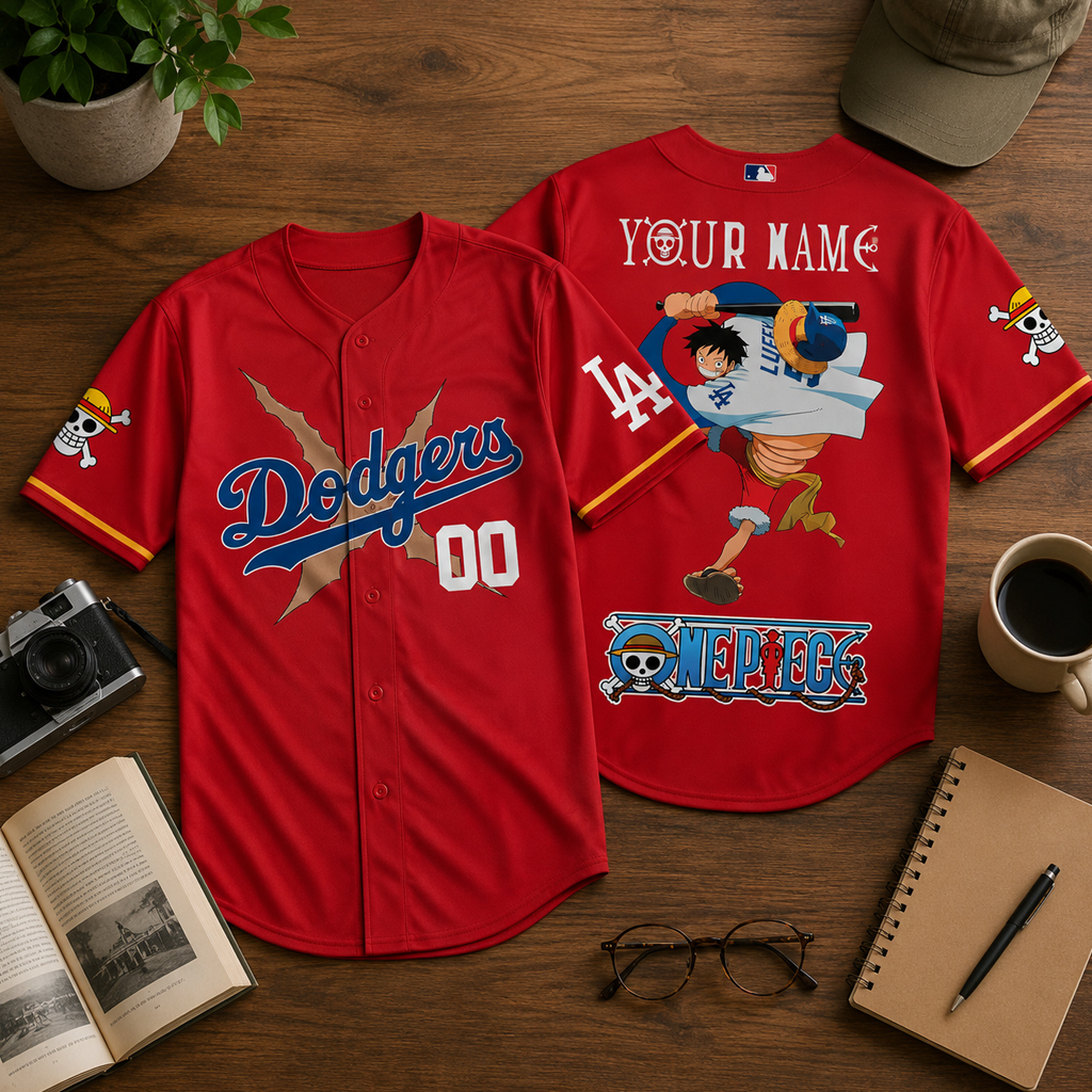 Custom Name And Number Los Angeles Dodgers x One Piece Night 2026 Luffy Scar Red Baseball Jersey for Anime and Baseball Fans 2 Custom Name And Number Los Angeles Dodgers x One Piece Night 2026 Luffy Scar Red Baseball Jersey for Anime and Baseball Fans