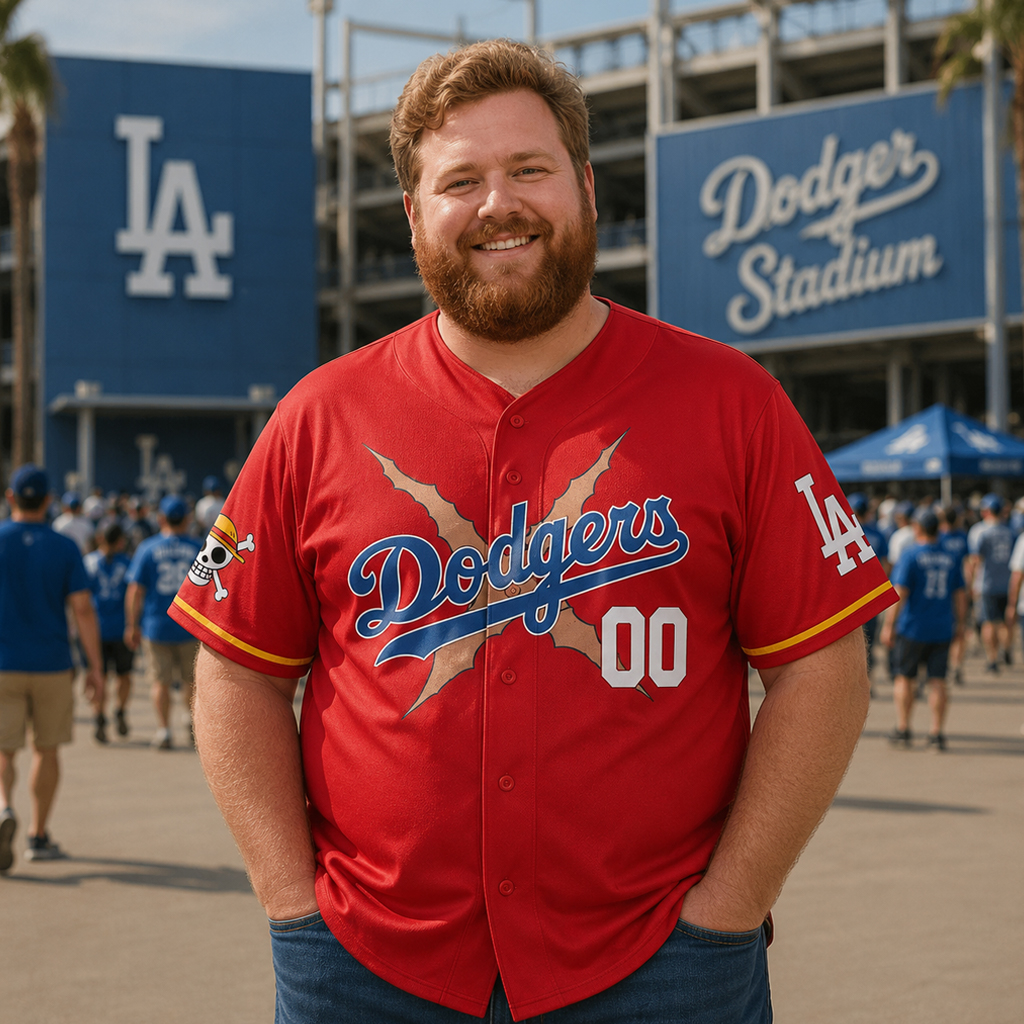 Custom Name And Number Los Angeles Dodgers x One Piece Night 2026 Luffy Scar Red Baseball Jersey for Anime and Baseball Fans 3 Custom Name And Number Los Angeles Dodgers x One Piece Night 2026 Luffy Scar Red Baseball Jersey for Anime and Baseball Fans