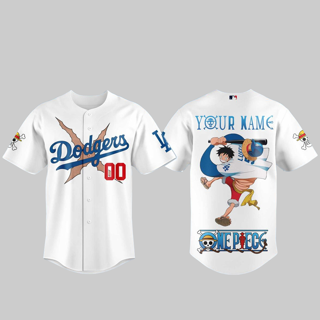 Custom Name And Number Los Angeles Dodgers x One Piece Night 2026 Luffy Scar White Baseball Jersey for Anime and Baseball Fans 1 Custom Name And Number Los Angeles Dodgers x One Piece Night 2026 Luffy Scar White Baseball Jersey for Anime and Baseball Fans