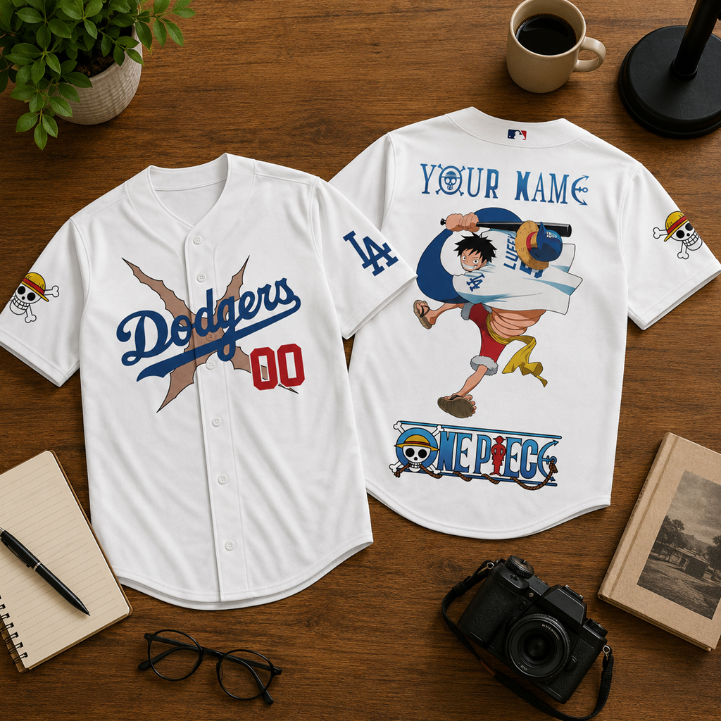Custom Name And Number Los Angeles Dodgers x One Piece Night 2026 Luffy Scar White Baseball Jersey for Anime and Baseball Fans 2 Custom Name And Number Los Angeles Dodgers x One Piece Night 2026 Luffy Scar White Baseball Jersey for Anime and Baseball Fans