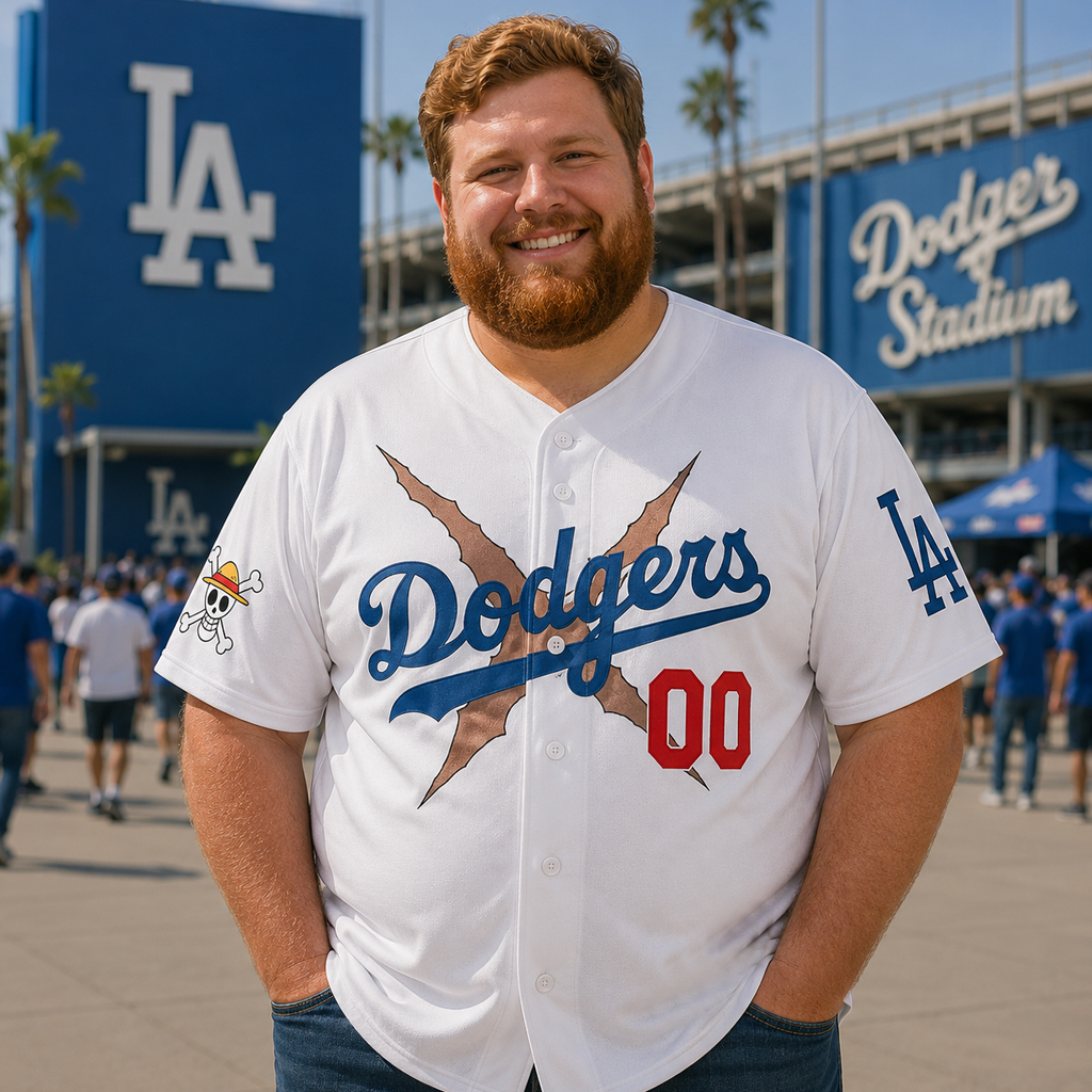 Custom Name And Number Los Angeles Dodgers x One Piece Night 2026 Luffy Scar White Baseball Jersey for Anime and Baseball Fans 3 Custom Name And Number Los Angeles Dodgers x One Piece Night 2026 Luffy Scar White Baseball Jersey for Anime and Baseball Fans