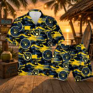 Milwaukee Brewers Vintage 80’s Sunset Palm Island Hawaiian Shirt And Shorts