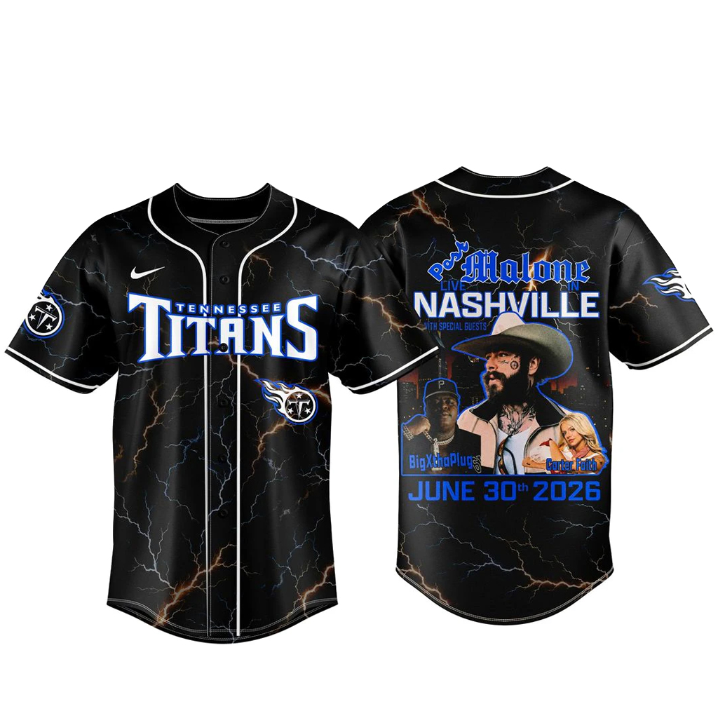Tennessee Titans x Post Malone Live in Nashville 2026 Baseball Jersey 1 Tennessee Titans x Post Malone Live in Nashville 2026 Baseball Jersey