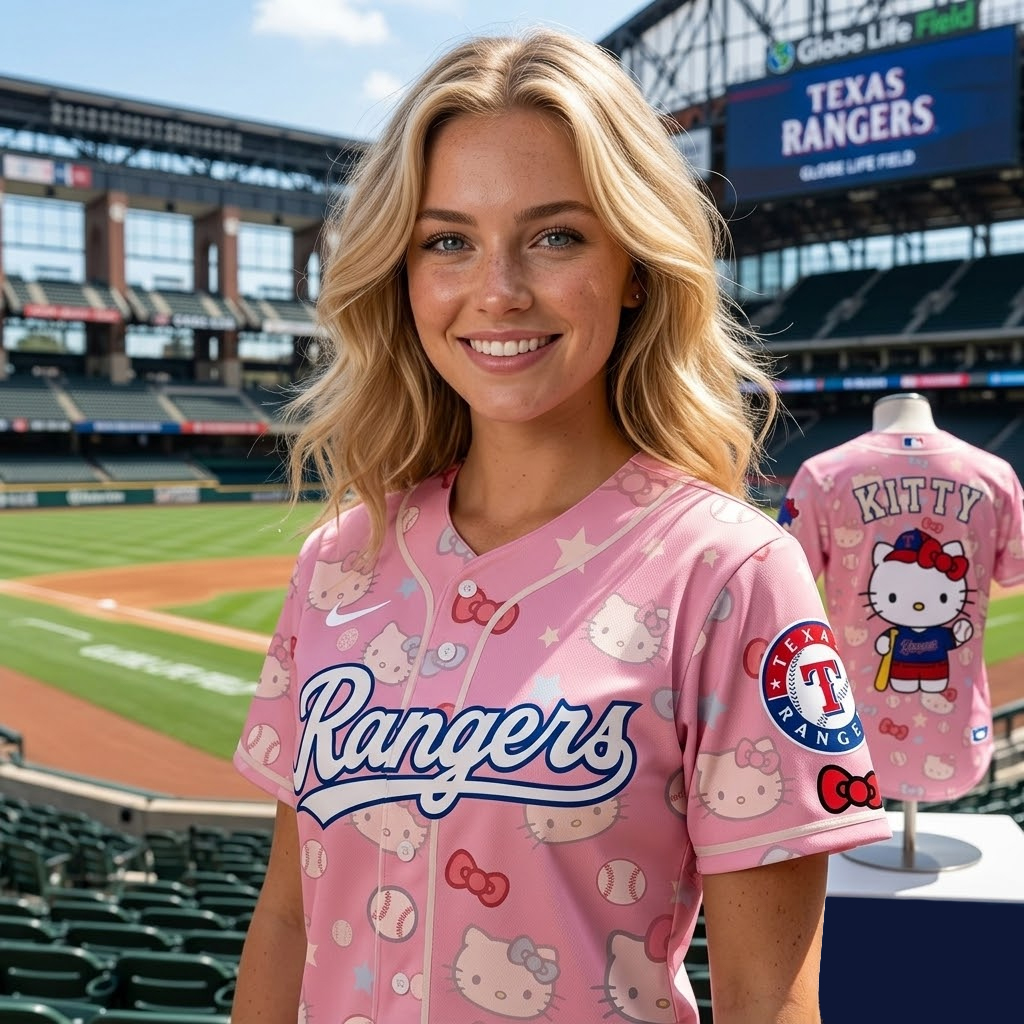 Texas Rangers x Hello Kitty 2026 Baseball Jersey 3 Texas Rangers x Hello Kitty 2026 Baseball Jersey