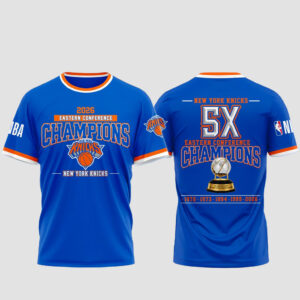 Unisex New York Knicks 5x Eastern Conference Champions Blue Graphic T-Shirt 2026 for Basketball Fans