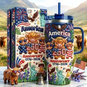America 250th Anniversary Cute Patriotic Highland Cow Personalized Tumbler