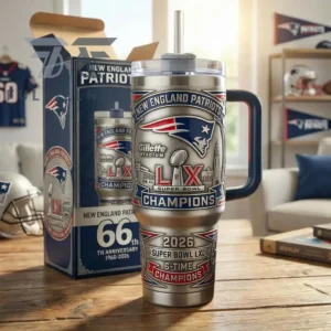 New England Patriots 66th Anniversary 6-Time Champions Super Bowl LX Graphic Tumbler for Football Fans
