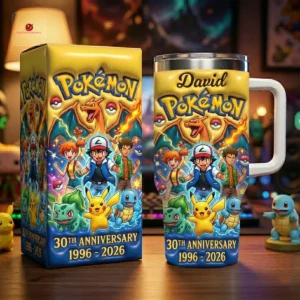 Personalized Pokemon 30th Anniversary Ash and Pikachu Insulated Tumbler