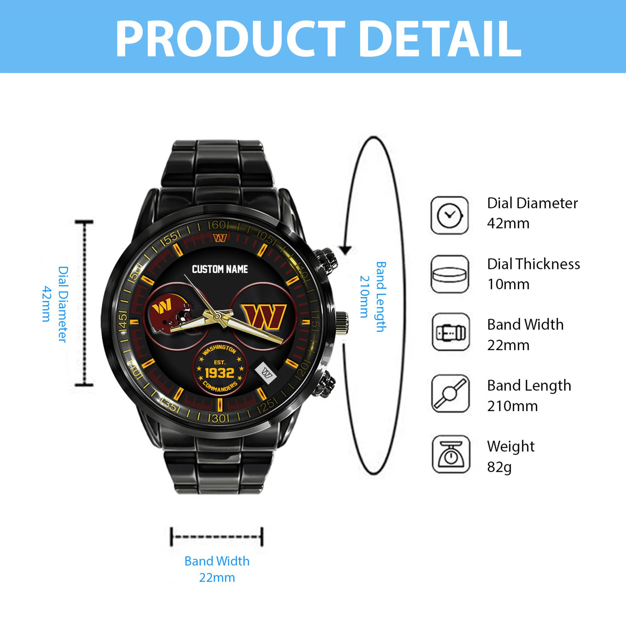 Washington Commanders Black Stainless Steel Watch 6 Washington Commanders Black Stainless Steel Watch - Image 6