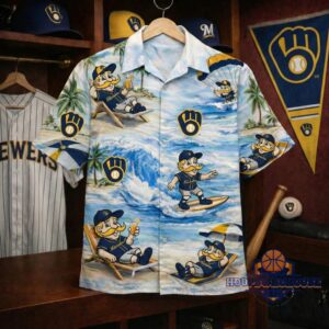 Unisex Milwaukee Brewers Bernie Brewer Tropical Beach Graphic Hawaiian Shirt for Baseball Fans