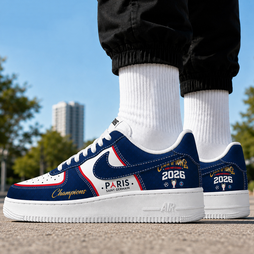 Paris Saint Germain Champions Of Europe 2026 Graphic Air Force 1 Shoes Sneakers for Soccer Fans 2 Paris Saint Germain Champions Of Europe 2026 Graphic Air Force 1 Shoes Sneakers for Soccer Fans