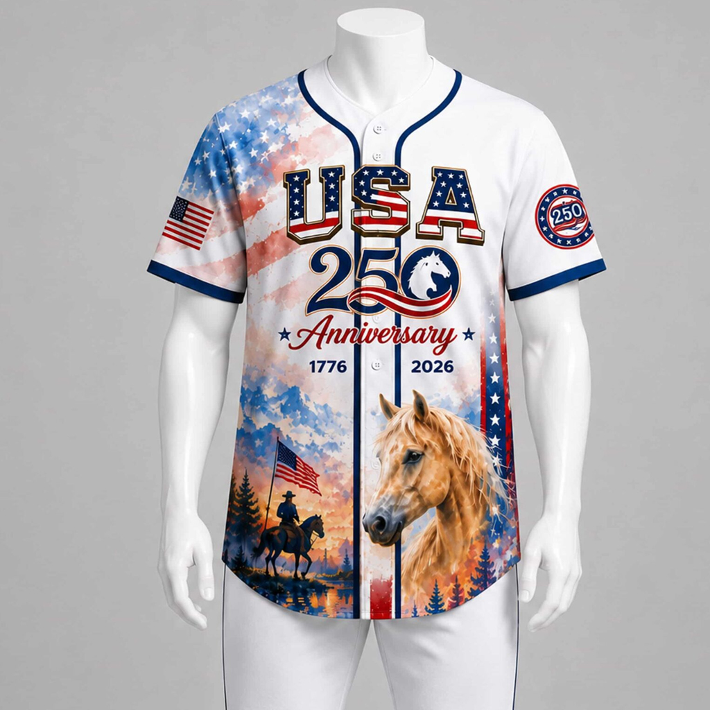 Unisex 2026 USA 250th Anniversary Horse Graphic Baseball Jersey for Patriotic Fans 2 Unisex 2026 USA 250th Anniversary Horse Graphic Baseball Jersey for Patriotic Fans